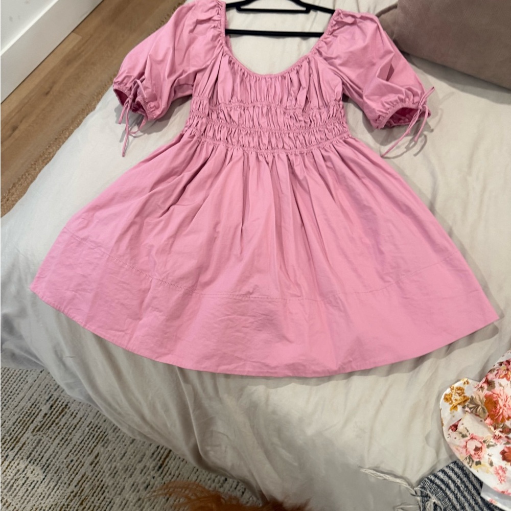 STAUD Pink Smocked Mini Dress with Puff Sleeves